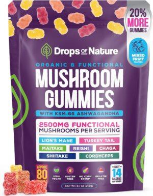 Ashwagandha and Lions Mane Mushroom Supplement Gummies – Organic – Reishi, Cordyceps, Turkey Tail, Maitake, Shitake, Chaga – Immune Defense, Boosts Cognitive Performance, Vegan, Low Carb